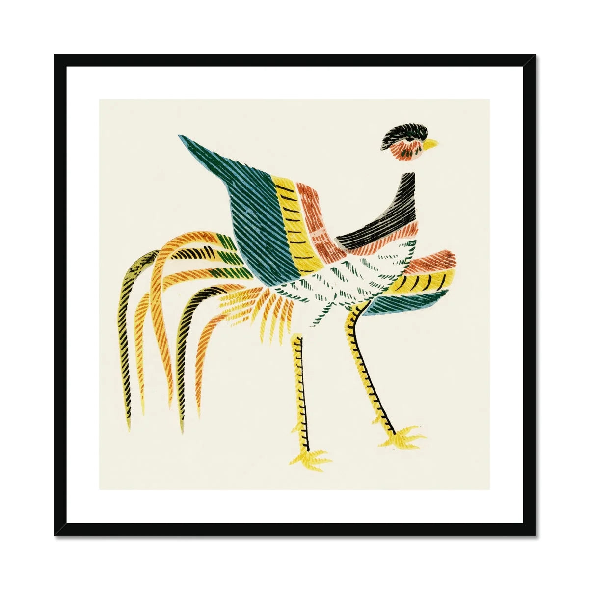 Woodblock Crane - Taguchi Tomoki Art Print, Stylized Bird Colorful Feathers Long Striped Legs