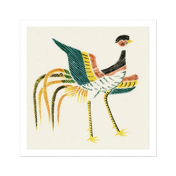 Woodblock Crane - Taguchi Tomoki Art Print, Stylized Bird Long Decorative Tail Feathers Drawn Colorful