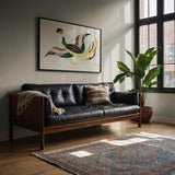 Woodblock Crane - Taguchi Tomoki Bird Art Print, Black Leather Wood-framed Sofa Tufted