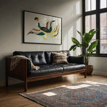 Woodblock Crane - Taguchi Tomoki Bird Art Print, Black Leather Wood-framed Sofa Tufted