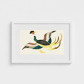 Woodblock Crane - Taguchi Tomoki Bird Art Print / Canvas Framed Artwork Stylized Colorful Illustration Two Birds Intricate, Prints