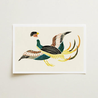 Woodblock Crane - Taguchi Tomoki Bird Art Print / Canvas Stylized Illustration Pheasant Cream-colored Cardstock Intricate Patterns Teal,