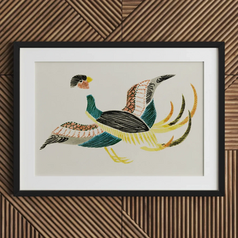 Woodblock Crane - Taguchi Tomoki Bird Art Print / Canvas Framed Artwork Stylized Colorful Bird Intricate Patterns Teal Taguchi Tomoki,