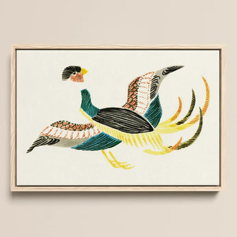 Woodblock Crane - Taguchi Tomoki Bird Art Print / Canvas Framed Artwork Stylized Colorful Pheasant Intricate Patterns Teal Taguchi Tomoki,
