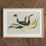 Woodblock Crane - Taguchi Tomoki Bird Art Print / Canvas Framed Artwork Stylized Colorful Pheasant Intricate Patterns Teal Taguchi Tomoki,