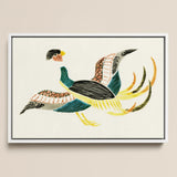 Woodblock Crane - Taguchi Tomoki Bird Art Print / Canvas Framed Artwork Stylized Colorful Pheasant Teal Black Orange Taguchi Tomoki,