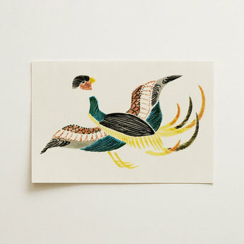 Woodblock Crane - Taguchi Tomoki Bird Art Print / Canvas Stylized Illustration Pheasant Cream-colored Cardstock Intricate Patterns Teal