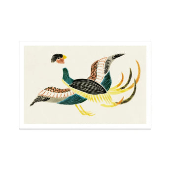 Woodblock Crane - Taguchi Tomoki Bird Art Print, Colorful Bird Teal Feathers Spotted Markings Long Decorative