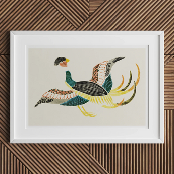 Woodblock Crane - Taguchi Tomoki Bird Art Print, Framed Artwork Stylized Bird Colorful Plumage Elongated Tail