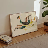 Woodblock Crane - Taguchi Tomoki Bird Art Print, Framed Artwork Stylized Bird Teal Brown Yellow Colors