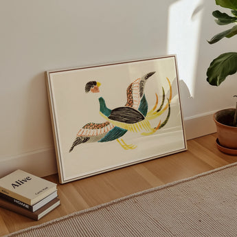 Woodblock Crane - Taguchi Tomoki Bird Art Print, Framed Artwork Stylized Bird Teal Brown Yellow Colors