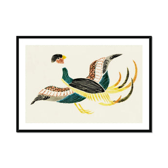 Woodblock Crane - Taguchi Tomoki Bird Art Print, Stylized Bird Teal Brown Yellow Plumage Decorative Art