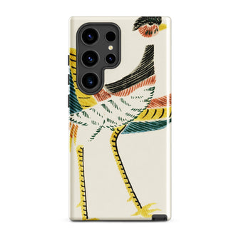 Woodblock Crane - Taguchi Tomoki Bird Phone Case Samsung Galaxy S24 Ultra / Gloss Vibrant Stylized Bird Illustration Black Yellow Orange