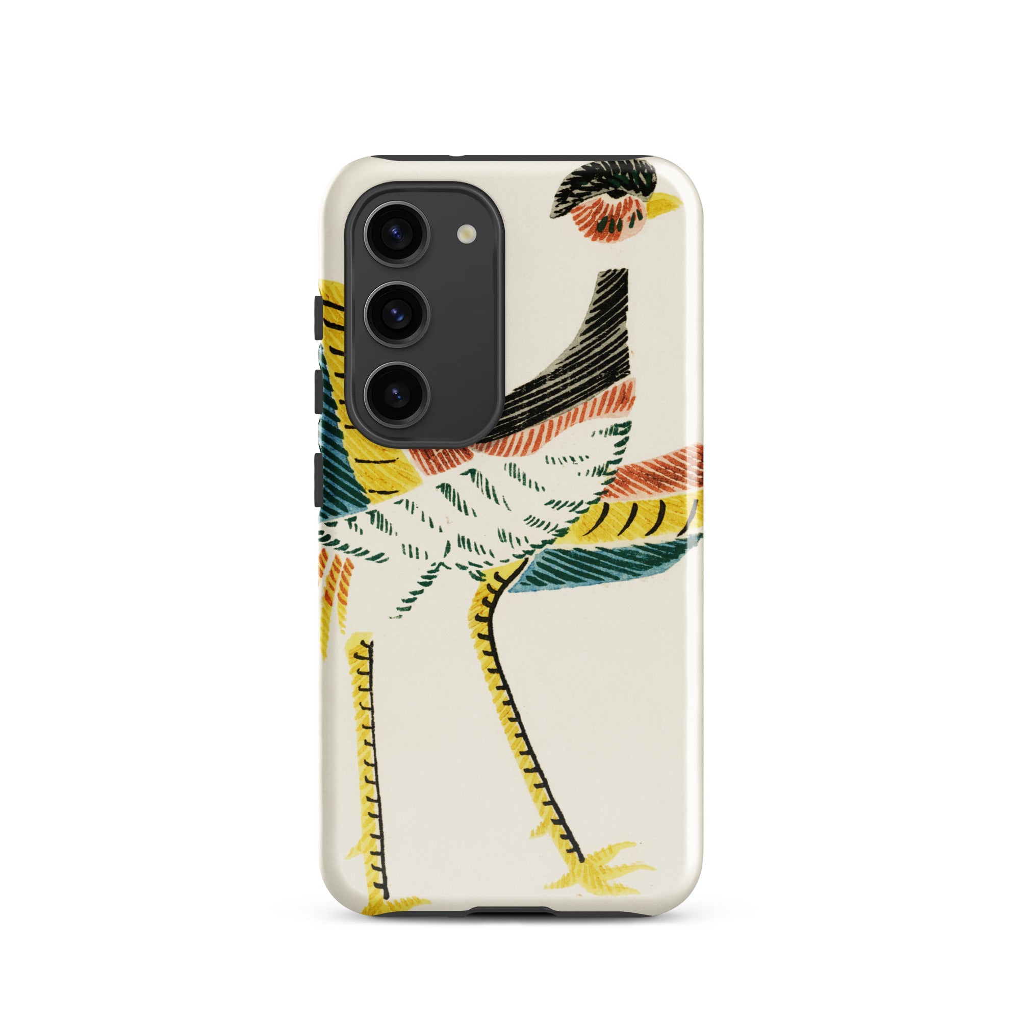 Woodblock Crane Taguchi Tomoki Bird Samsung Case, Galaxy S23 / Gloss, Smartphone Cream Colored Case Stylized Colorful Bird Design