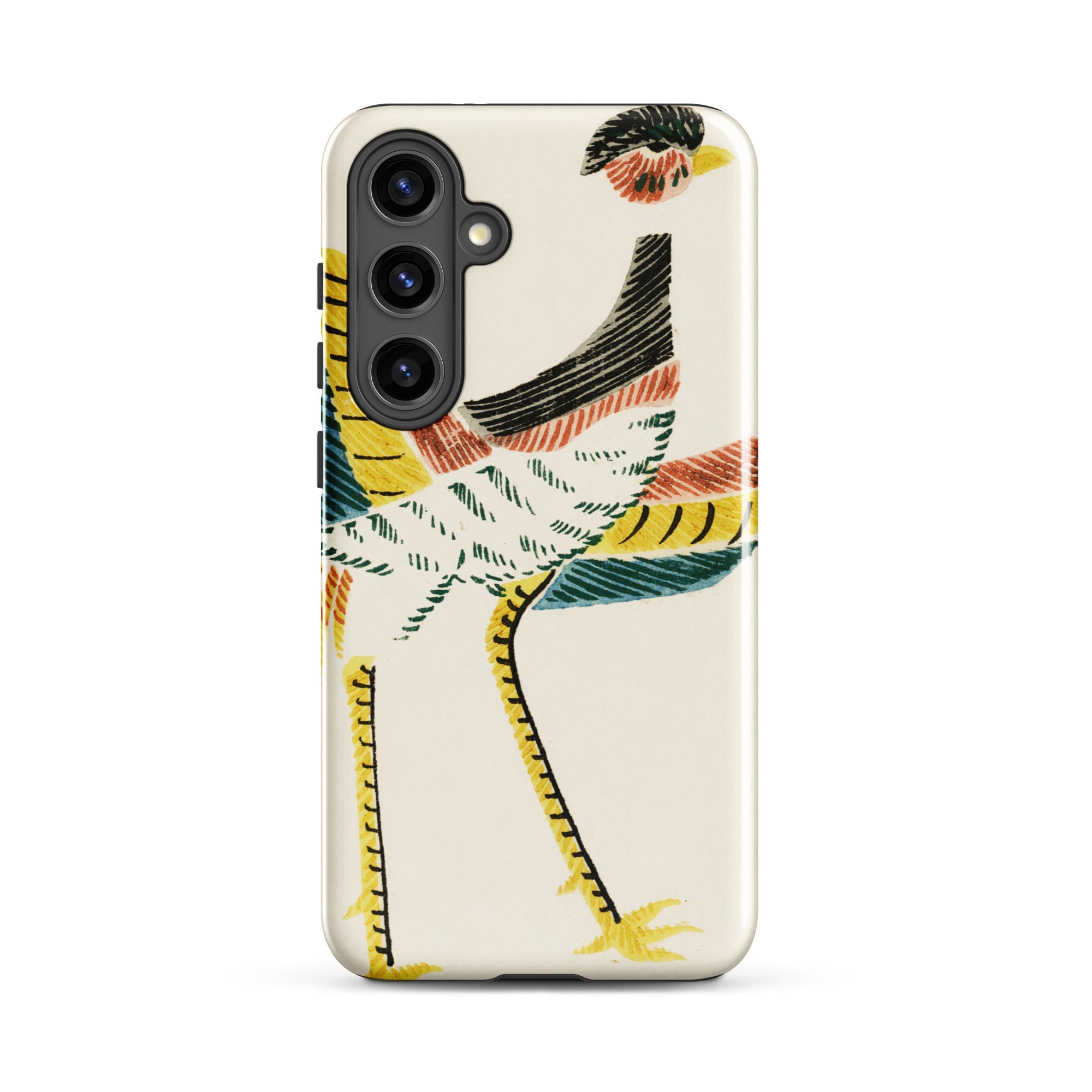 Woodblock Crane Taguchi Tomoki Bird Samsung Case, Galaxy S24 Plus / Gloss, Cream Colored Smartphone Case Stylized Colorful Bird Design