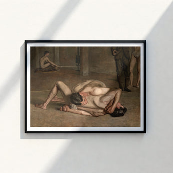 Black-framed Art Print Classical Painting Two Nude Figures Eakins’s Wrestlers Holds, Oil Catches, Male, Athletes, Exact Moment Mastery,