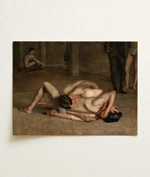 Classical Oil Painting Two Nude Men Match Rendered Eakins’s Wrestlers Holds, Catches, Male, Athletes, Exact Moment Mastery, Collapse Trade