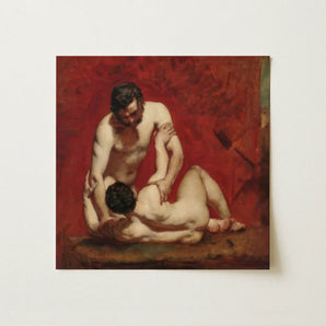 Wrestlers - William Etty Art Print / Canvas Square Canvas Painting Two Nude Figures Intimate Pose Male Figures, Fold, Standing Man’s Dark,