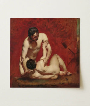 Square Canvas Painting Two Nude Figures Intimate Pose Male, Fold, Standing Man’s Dark, Beard, Compressed Gaze Anchor, William Etty Art,