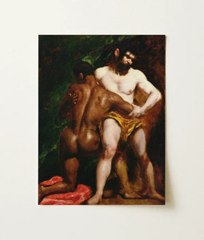 Framed Oil Painting Two Muscular Figures Dramatic Darkly William Etty, Testosterone-fueled Time Capsule, Body-slams Victorian Sensibilities