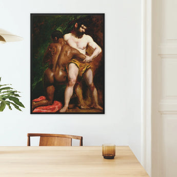 The Wrestlers - William Etty Homoerotic Framed Canvas, Classical Painting Two Figures Dramatic Pose Dark Background