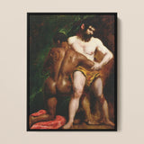 The Wrestlers - William Etty Homoerotic Framed Canvas, Classical Painting Two Nude Male Figures Intimate Pose