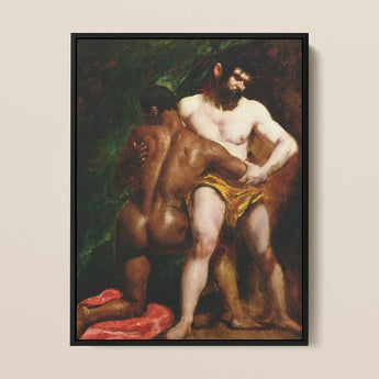 The Wrestlers - William Etty Homoerotic Framed Canvas, Classical Painting Two Nude Male Figures Intimate Pose