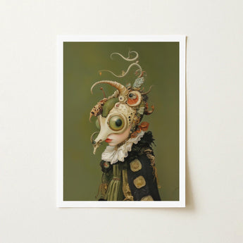 Xennie - Cute Baroque Alien Art Print / Canvas Surreal Portrait Figure Ornate Biomechanical Goat Skull Gazes, Innocence, Eerie Wisdom Prints