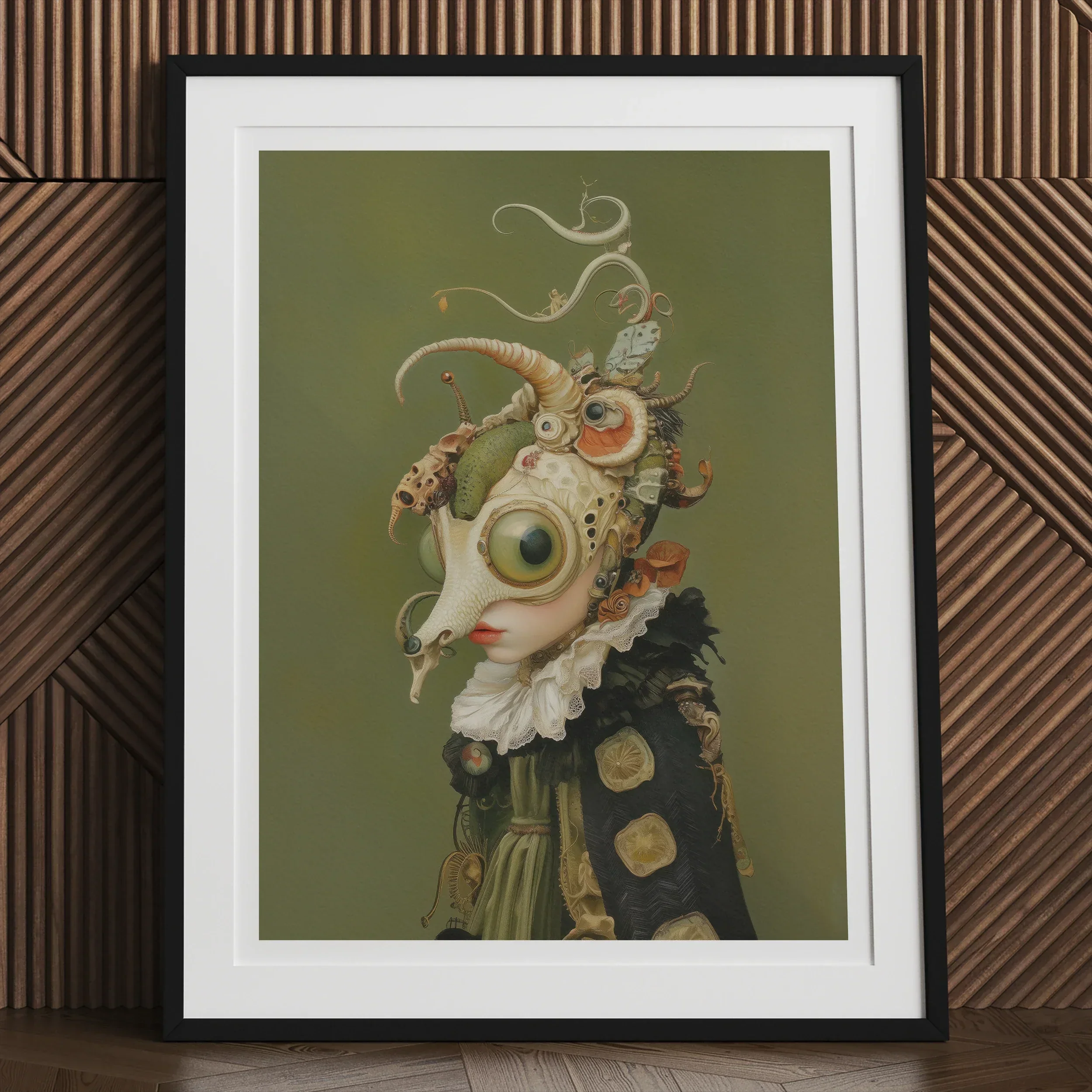 Xennie - Cute Baroque Alien Art Print, Framed Surreal Artwork Pale Creature Mismatched Eyes Ornate