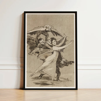 You will not Escape - Francisco De Goya Art Print / Canvas Framed Black-and-white Illustration Woman Gown Winged Demonic Figures Arches