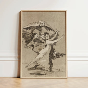 You will not Escape - Francisco De Goya Art Print / Canvas Framed Vintage-style Woman Attire Winged Demonic Figures Sepia-toned Arches
