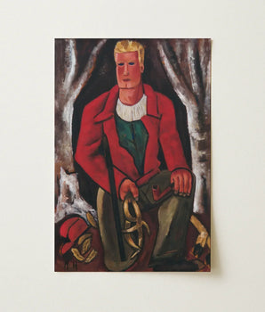 Stylized Portrait Painting Man Vibrant Red Coat White Young Hunter Hearing, Marsden Hartley’s, Gold-tan Antlers Cradled, Berlin Officer