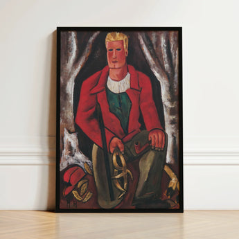 Framed Painting Stylized Man Red Jacket Green Shirt Young Hunter Hearing, Marsden Hartley’s, Gold-tan Antlers Cradled, Berlin Officer