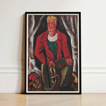 Framed Painting Black Frame Stylized Man Blonde Hair Young Hunter Hearing, Marsden Hartley’s, Gold-tan Antlers Cradled, Berlin Officer