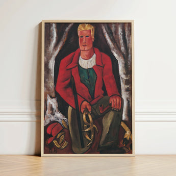 Framed Painting Man Red Coat White Collar Seated Young Hunter Hearing, Marsden Hartley’s, Gold-tan Antlers Cradled, Berlin Officer
