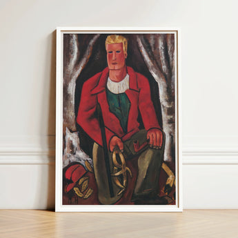 Framed Painting Man Red Coat Blonde Hair Seated Young Hunter Hearing, Marsden Hartley’s, Gold-tan Antlers Cradled, Berlin Officer