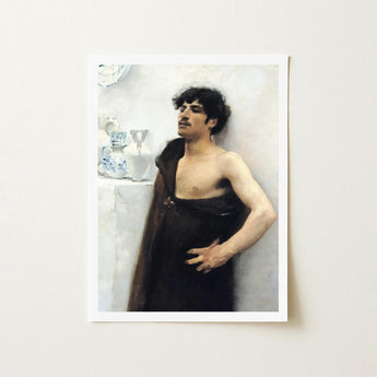 Young Man in Reverie - John Singer Sargent Art Print / Canvas Framed Painting Dark Curly Hair Mustache Black, Introspective Gaze, Serene