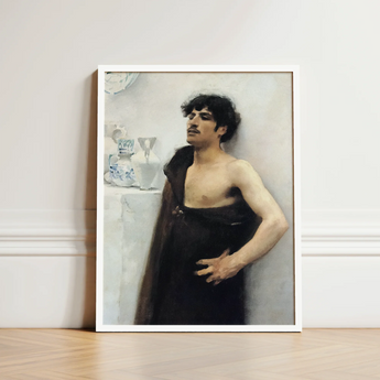 Young Man in Reverie - John Singer Sargent Art Print / Canvas Framed Oil Painting Dark Curly Hair Mustache, Introspective Gaze, Serene