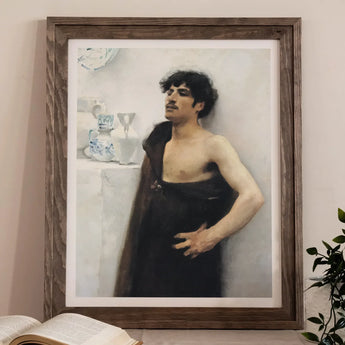 Young Man in Reverie - John Singer Sargent Art Print, Framed Portrait Painting Shirtless Man Dark Hair Mustache