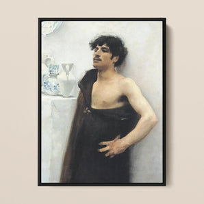 Young Man in Reverie - John Singer Sargent Framed Canvas, Portrait Painting Shirtless Man Dark Curly Hair Wrapped