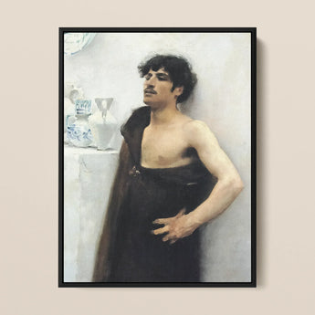 Young Man in Reverie - John Singer Sargent Framed Canvas, Portrait Painting Shirtless Man Dark Curly Hair Wrapped