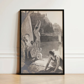 Black-framed Sepia-toned Artwork Classical Figures River Young Men, Bathing, Naked, Dark Cypress Pinned, Georges Paul Leroux, Art