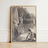 Framed Black-and-white Artwork Classical Scene Nude Figures River Young Men, Bathing, Naked, Dark Cypress Pinned, Georges Paul Leroux, Art