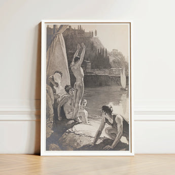 Framed Sepia-toned Artwork Classical Figures River Enclosed Simple Young Men, Bathing, Naked, Dark Cypress Pinned, Georges Paul Leroux, Art