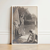 Framed Black-and-white Artwork Classical Scene Nude Figures River Young Men, Bathing, Naked, Dark Cypress Pinned, Georges Paul Leroux, Art