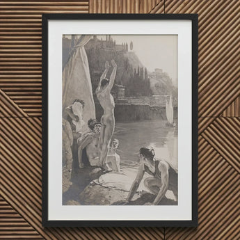 Young Men Bathing Naked in the Tiber - Georges Paul Leroux Art Print / Canvas Prints Black-framed Artwork Monochromatic Sketch Nude Figures