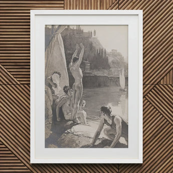 Young Men Bathing Naked in the Tiber - Georges Paul Leroux Art Print / Canvas Prints Framed Black-and-white Illustration Group Nude Figures