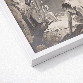 White Framed Artwork Monochromatic Scene Nude Figures Water Young Men, Bathing, Naked, Dark Cypress Pinned, Georges Paul Leroux, Art