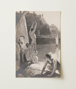 Sepia-toned Vintage-style Illustration Print Group Nude Figures River Young Men, Bathing, Naked, Dark Cypress Pinned, Georges Paul Leroux,