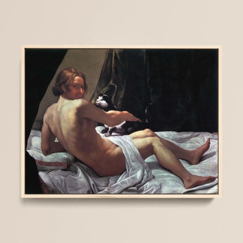 Young Naked Man on a Bed with Cat - Giovanni Lanfranco Art Print / Canvas, 16x12’’ / 41x31cm / Natural Frame, Posters Prints & Visual